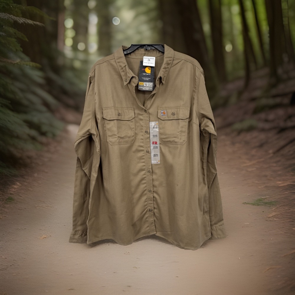 NWT Women's Khaki Carhartt Flame Resistant CAT 2‎ Long Sleeve Shirt Size 2XL.